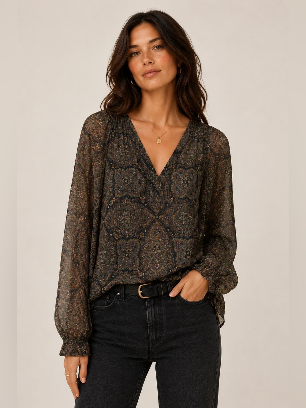 Ella Moss 100% Silk Paisley Sheer Relaxed Blouse